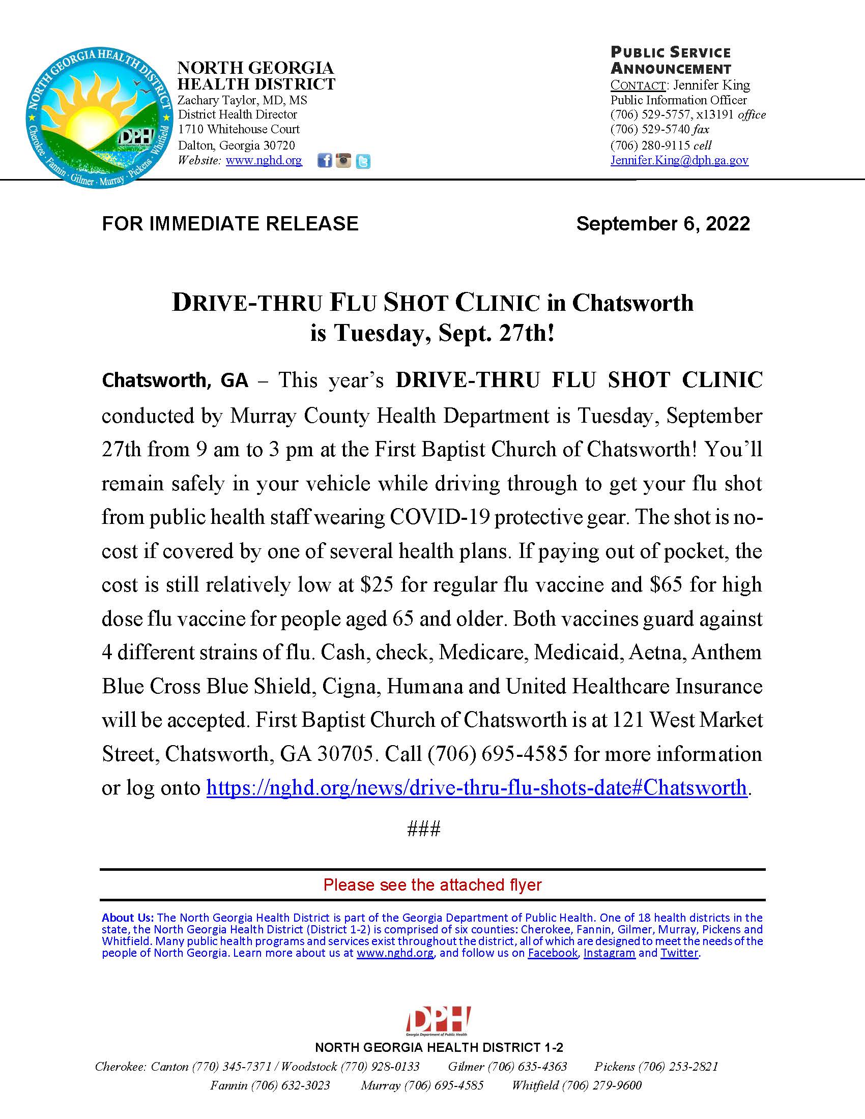 Drive-Thru Flu Shot Clinic in Chatsworth is Tuesday Sept. 27 - PSA